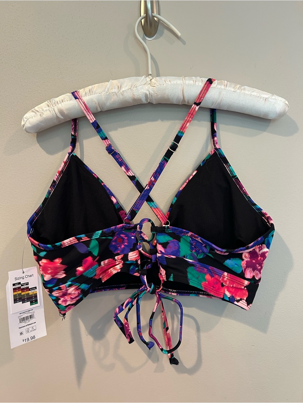 NWT Time and Tru Black Floral Tie-back bikini top. Size Large - Picture 7 of 8
